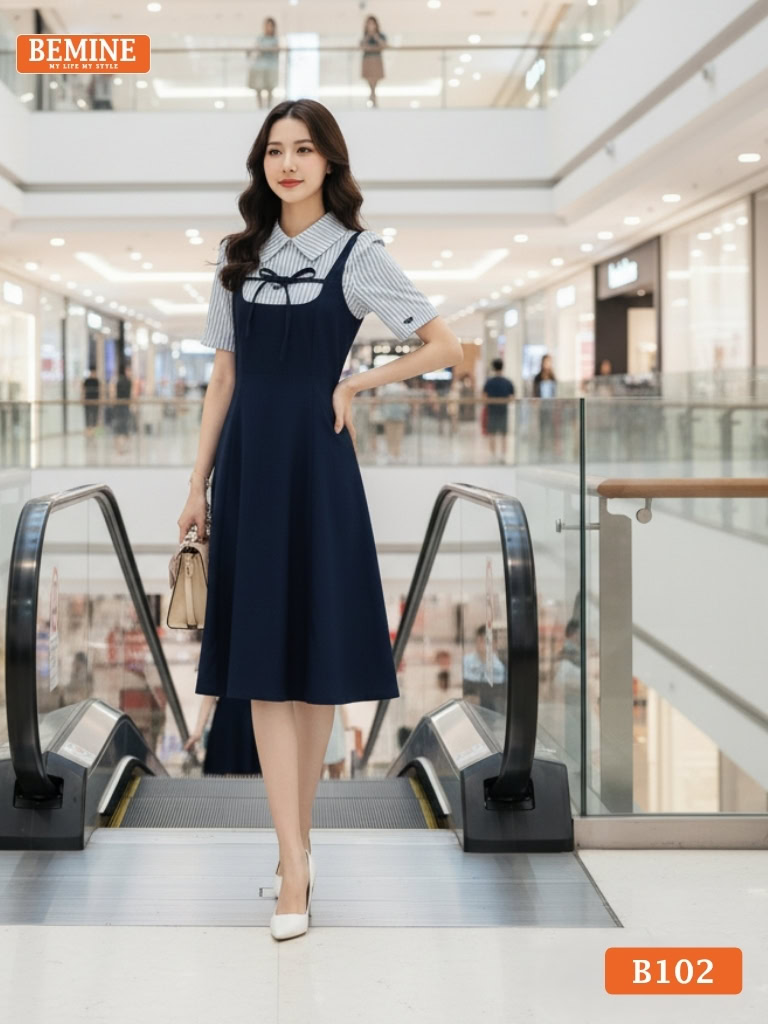 Đầm thiết kế BEMINE cổ sơ mi giả yếm phối sọc nơ B102