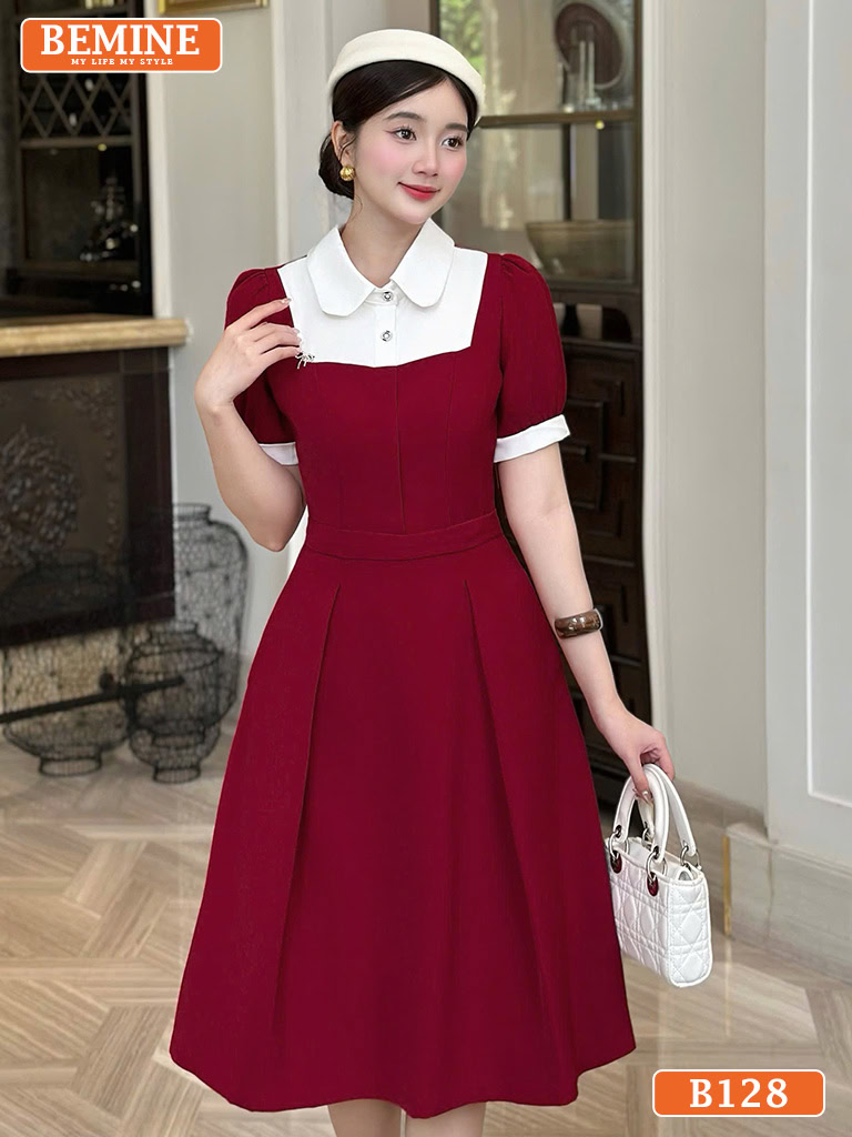Đầm thiết kế BEMINE cổ sơ mi phối đính cúc B128