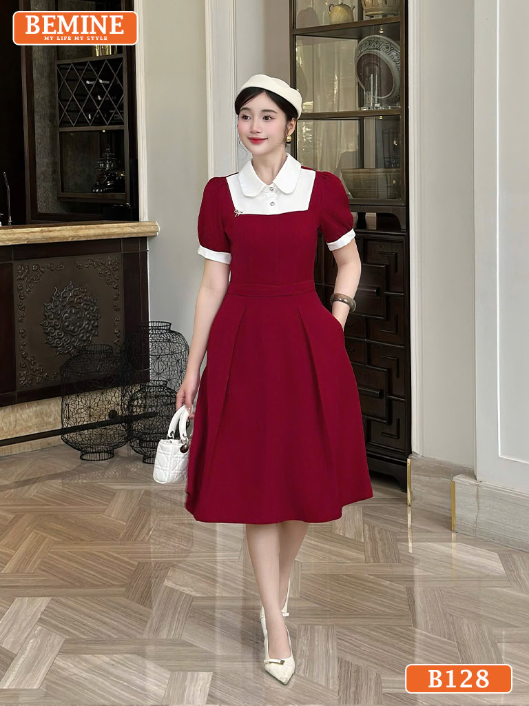 Đầm thiết kế BEMINE cổ sơ mi phối đính cúc B128