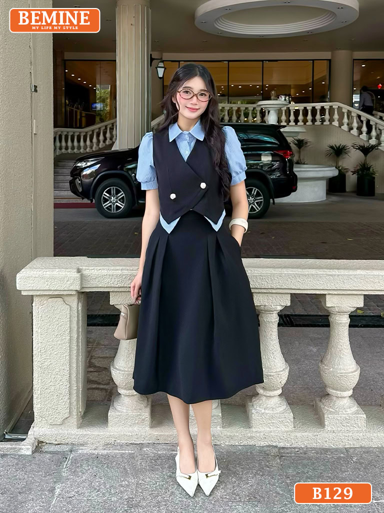 Đầm thiết kế BEMINE cổ sơ mi phối giả khoác B129
