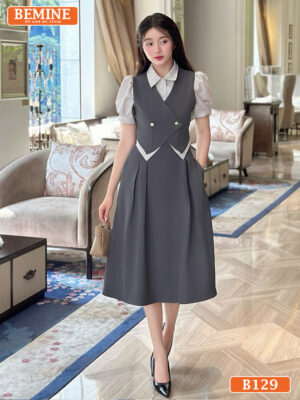 Đầm thiết kế BEMINE cổ sơ mi phối giả khoác B129