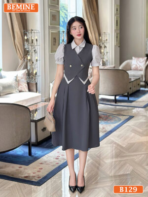 Đầm thiết kế BEMINE cổ sơ mi phối giả khoác B129
