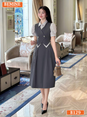 Đầm thiết kế BEMINE cổ sơ mi phối giả khoác B129