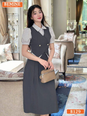 Đầm thiết kế BEMINE cổ sơ mi phối giả khoác B129