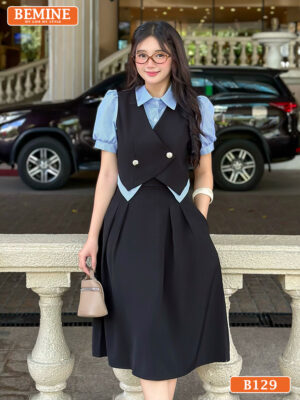 Đầm thiết kế BEMINE cổ sơ mi phối giả khoác B129