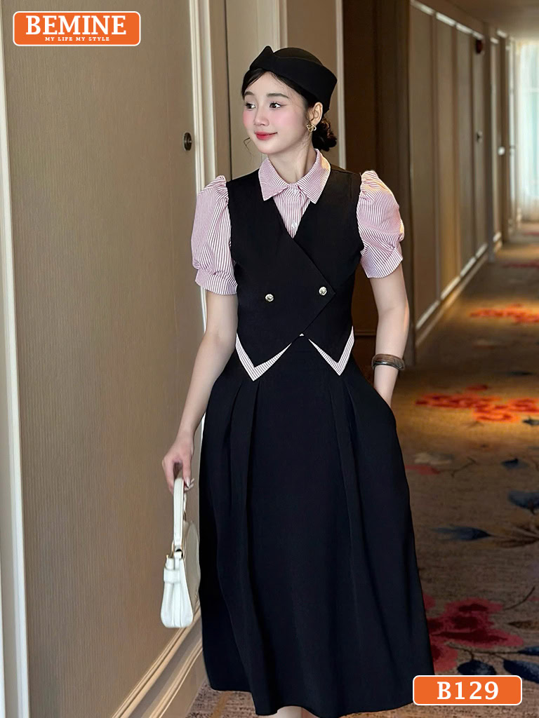 Đầm thiết kế BEMINE cổ sơ mi phối giả khoác B129