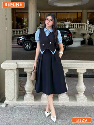 Đầm thiết kế BEMINE cổ sơ mi phối giả khoác B129