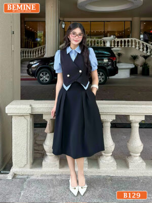 Đầm thiết kế BEMINE cổ sơ mi phối giả khoác B129