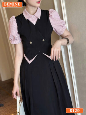 Đầm thiết kế BEMINE cổ sơ mi phối giả khoác B129