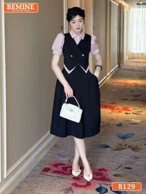 Đầm thiết kế BEMINE cổ sơ mi phối giả khoác B129