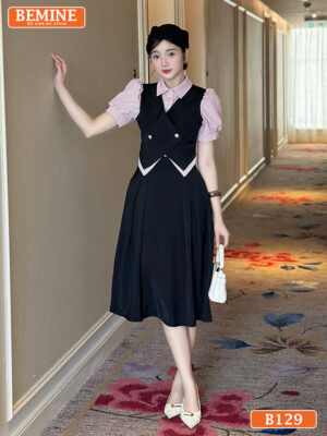 Đầm thiết kế BEMINE cổ sơ mi phối giả khoác B129