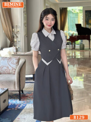 Đầm thiết kế BEMINE cổ sơ mi phối giả khoác B129