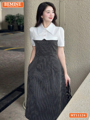 Đầm thiết kế BEMINE cổ sơ mi phối kẻ sọc MT11124