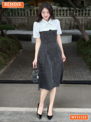 Đầm thiết kế BEMINE cổ sơ mi phối kẻ sọc MT11124