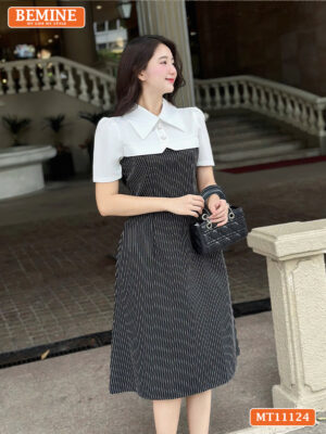 Đầm thiết kế BEMINE cổ sơ mi phối kẻ sọc MT11124