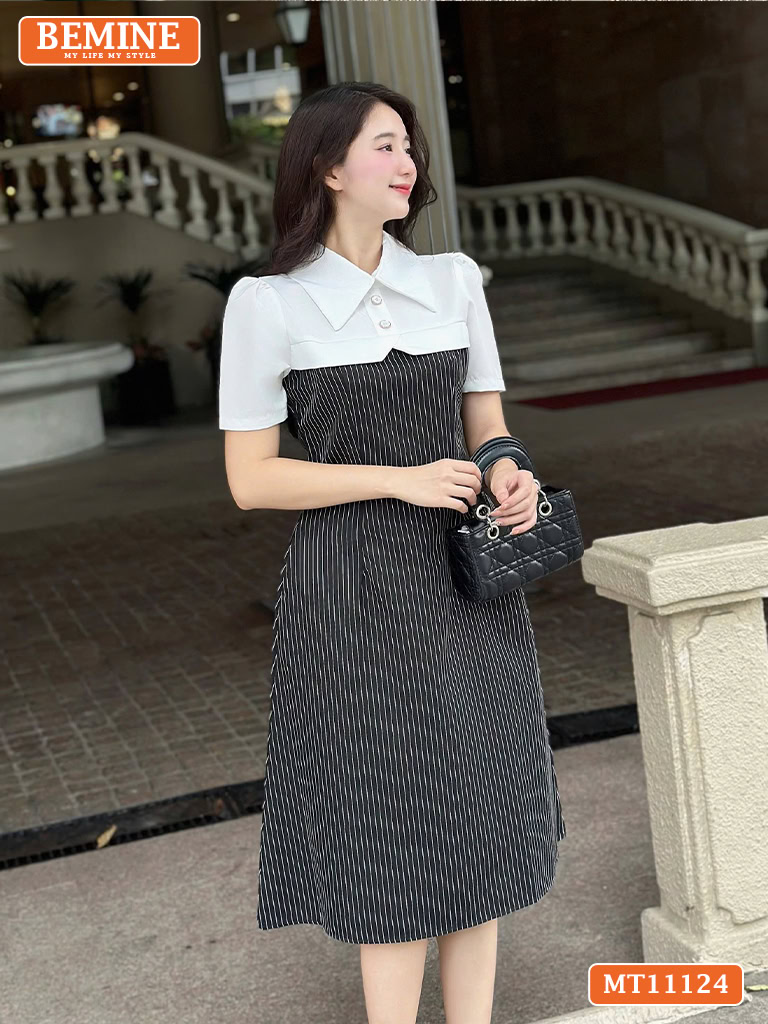 Đầm thiết kế BEMINE cổ sơ mi phối kẻ sọc MT11124