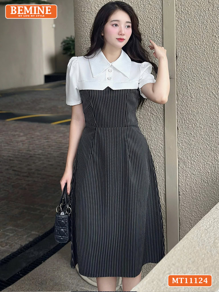 Đầm thiết kế BEMINE cổ sơ mi phối kẻ sọc MT11124