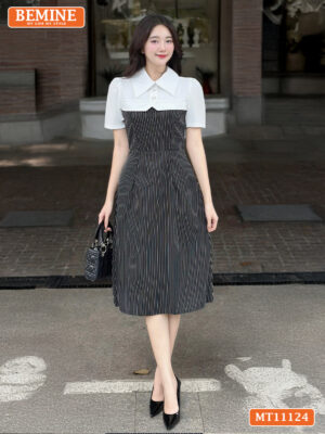Đầm thiết kế BEMINE cổ sơ mi phối kẻ sọc MT11124