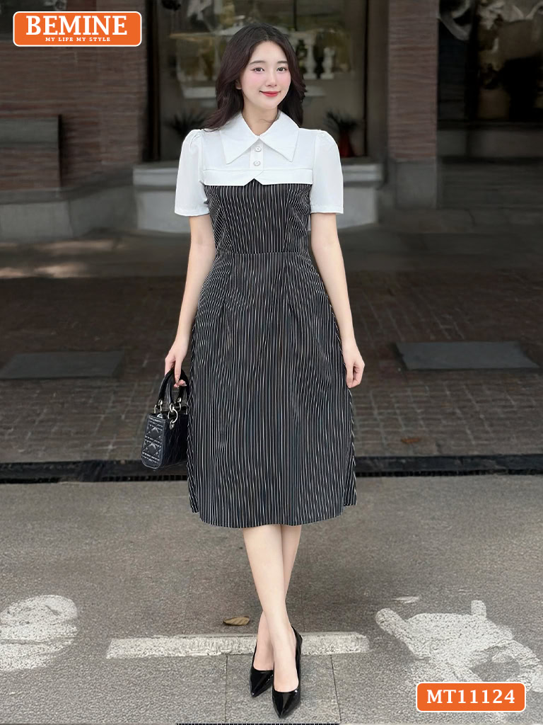 Đầm thiết kế BEMINE cổ sơ mi phối kẻ sọc MT11124