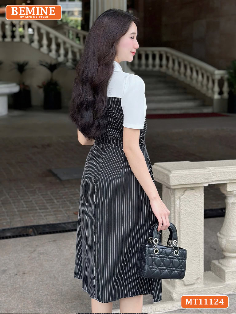 Đầm thiết kế BEMINE cổ sơ mi phối kẻ sọc MT11124