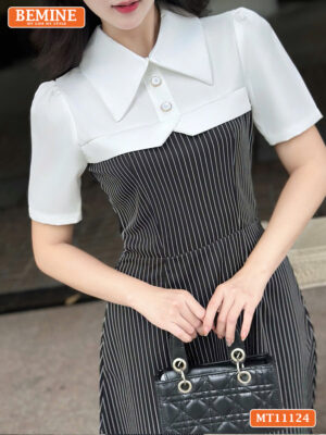 Đầm thiết kế BEMINE cổ sơ mi phối kẻ sọc MT11124