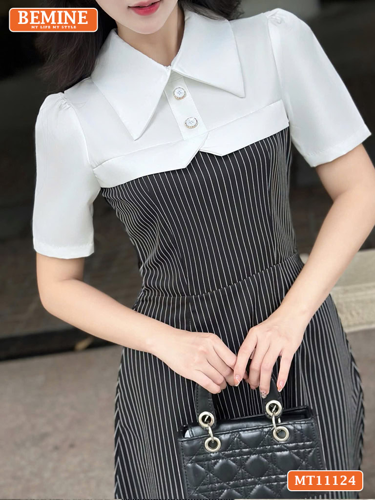 Đầm thiết kế BEMINE cổ sơ mi phối kẻ sọc MT11124