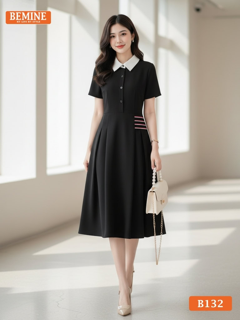 Đầm thiết kế BEMINE cổ sơ mi phối viền đỏ B132