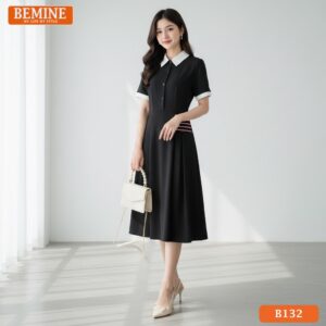 Đầm thiết kế BEMINE cổ sơ mi phối viền đỏ B132