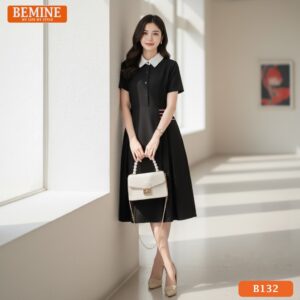 Đầm thiết kế BEMINE cổ sơ mi phối viền đỏ B132
