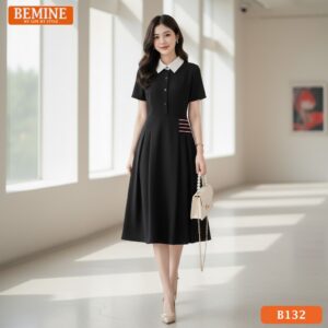 Đầm thiết kế BEMINE cổ sơ mi phối viền đỏ B132