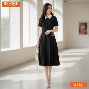 Đầm thiết kế BEMINE cổ sơ mi phối viền đỏ B132