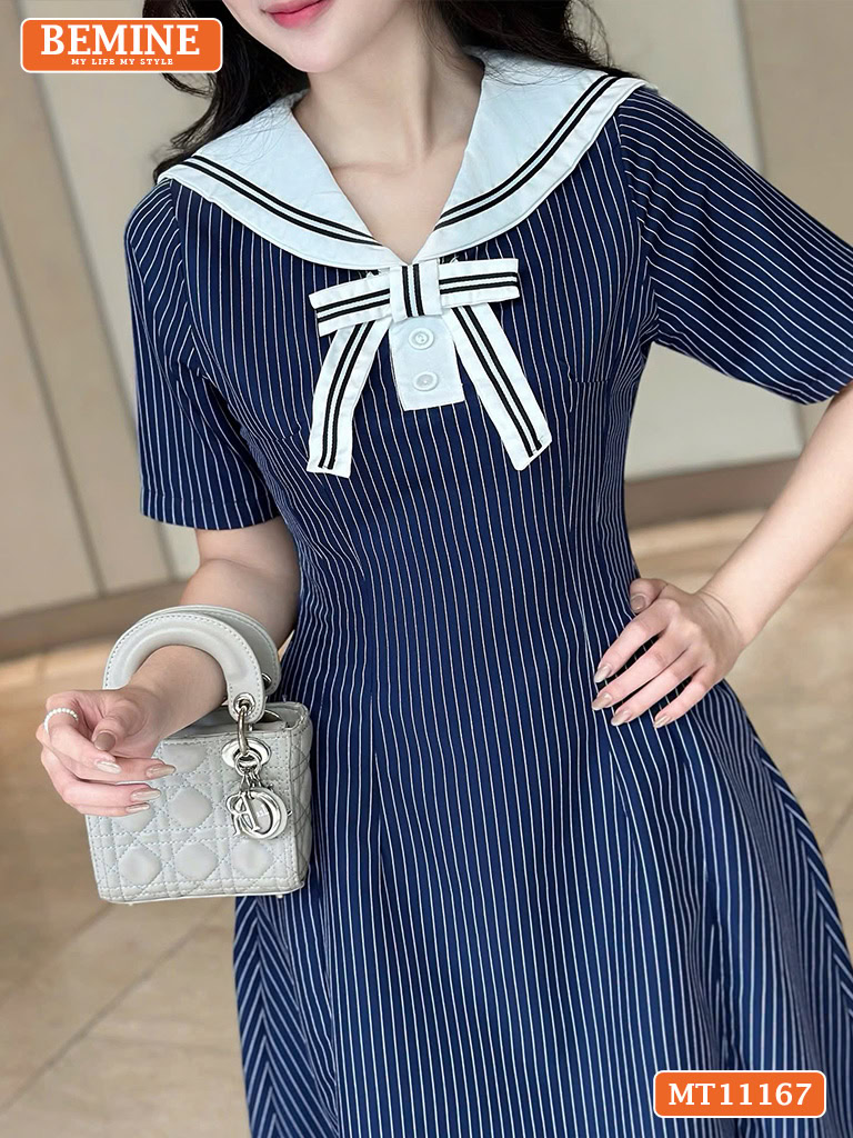 Đầm thiết kế BEMINE cổ thủy thủ sọc in MT11167