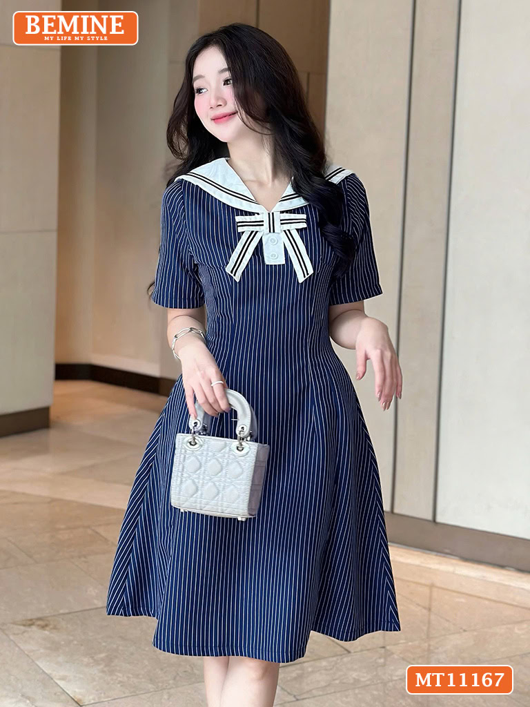 Đầm thiết kế BEMINE cổ thủy thủ sọc in MT11167