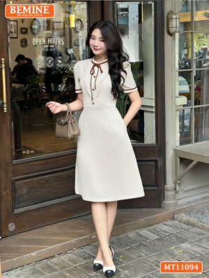 Đầm thiết kế BEMINE cổ tròn có dây nơ phối MT11094