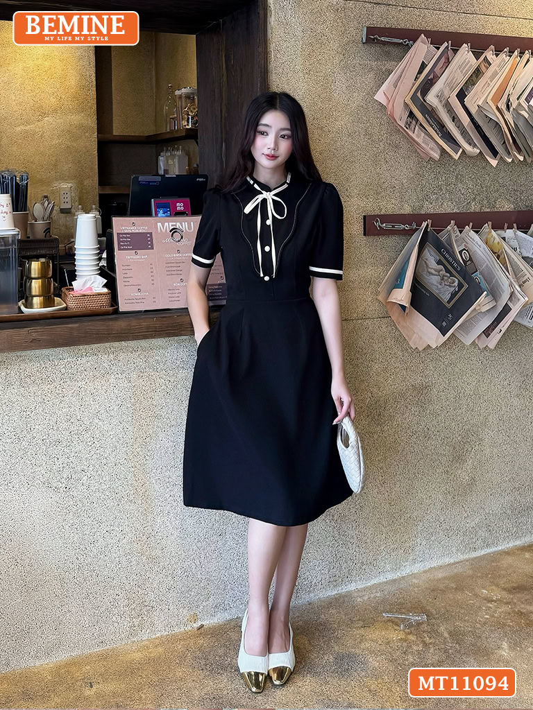 Đầm thiết kế BEMINE cổ tròn có dây nơ phối MT11094
