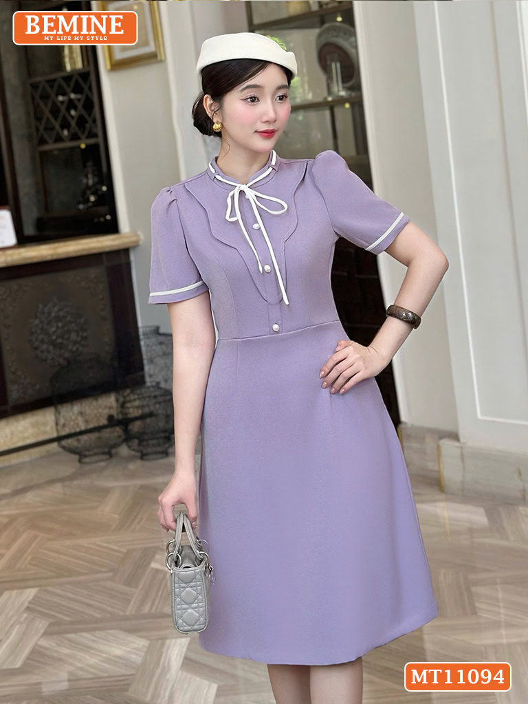 Đầm thiết kế BEMINE cổ tròn có dây nơ phối MT11094