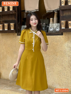 Đầm thiết kế BEMINE cổ tròn có dây nơ phối MT11094