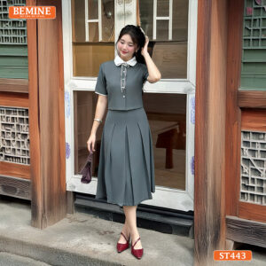 Set BEMINE cổ đức có dây nơ chân váy xếp ly T433