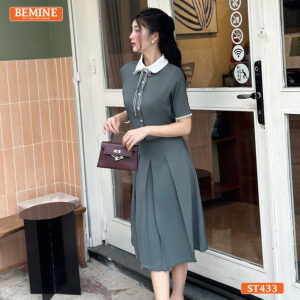 Set BEMINE cổ đức có dây nơ chân váy xếp ly T433