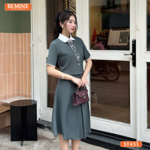 Set BEMINE cổ đức có dây nơ chân váy xếp ly T433
