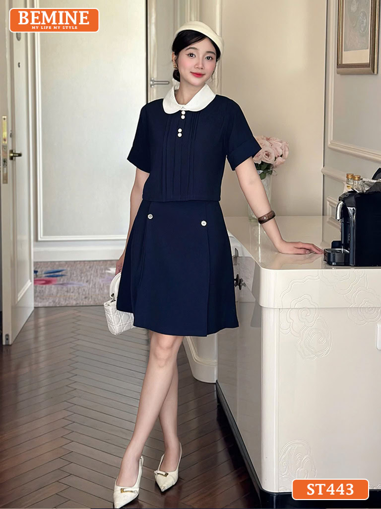 Set thiết kế BEMINE áo cổ sen chân váy chữ A ST443