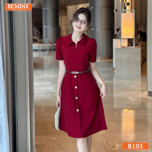 Đầm thiết kế BEMINE B103 màu đỏ đô, cổ đức, khóa kéo trước, tay lỡ