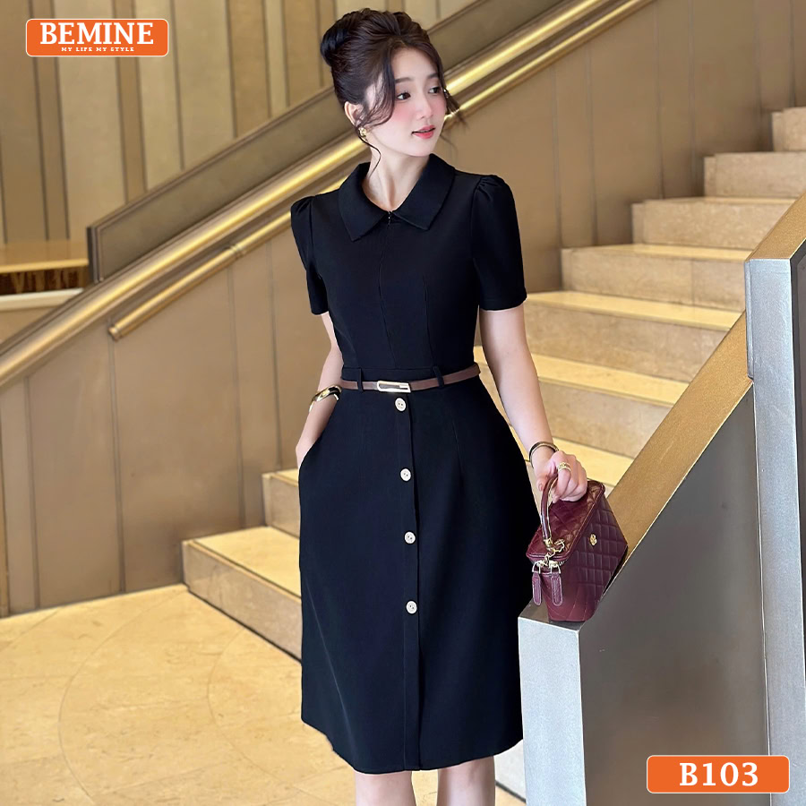 Ảnh cận cảnh chi tiết cổ đức và khóa kéo trước nổi bật trên đầm thiết kế BEMINE B103