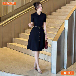 Đầm thiết kế BEMINE B103 cổ đức, có khóa kéo kim loại chạy dọc phía trước, màu xanh navy