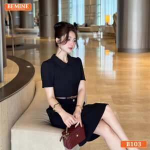 Góc chụp tập trung vào phần cổ đức và khóa kéo của đầm công sở BEMINE mã B103