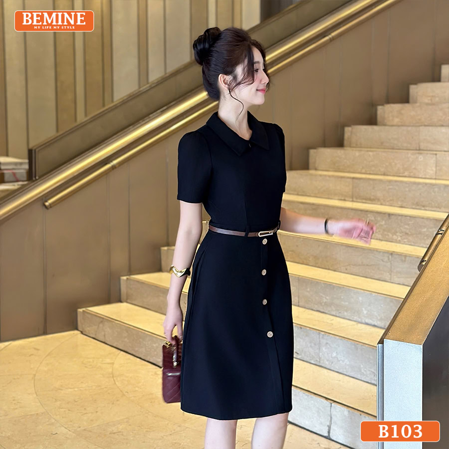 Đầm BEMINE B103, kiểu dáng cổ đức và khóa kéo trước, với chất liệu vải đứng form