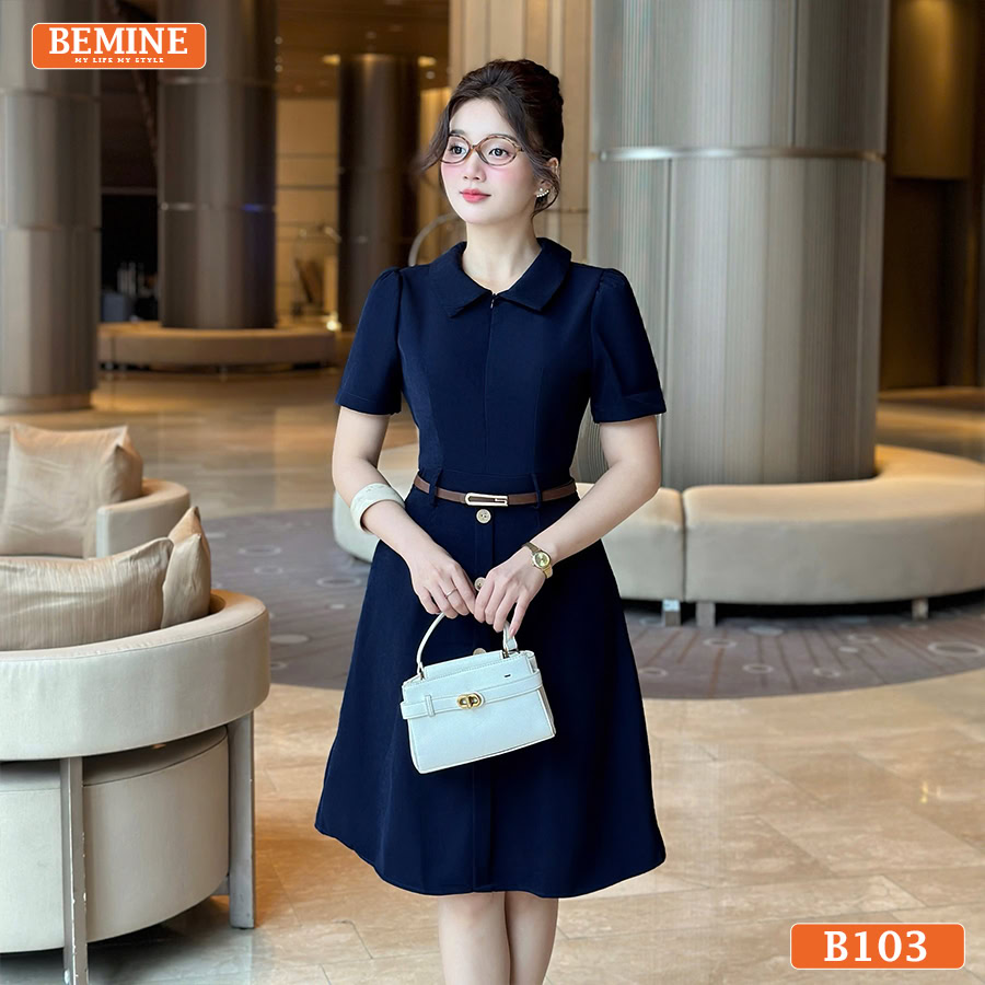 Đầm thiết kế BEMINE B103 cổ đức, nổi bật với chi tiết khóa kéo kim loại phía trước | Đầm xanh công sở