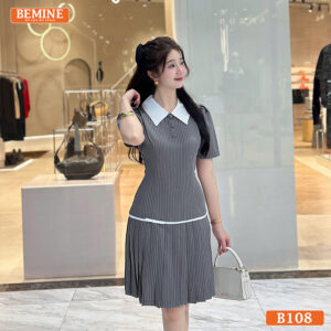 Đầm BEMINE B108 xếp ly, cổ đức đính cúc, chất liệu mềm mại, mang lại cảm giác thoải mái khi đi chơi.