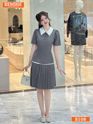Đầm thiết kế BEMINE B108 xếp ly, cổ đức, đính cúc, phù hợp mặc đi chơi dạo phố.