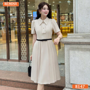 Đầm thiết kế BEMINE cổ đức phối dây nơ eo dáng chữ A phù hợp làm-B147
